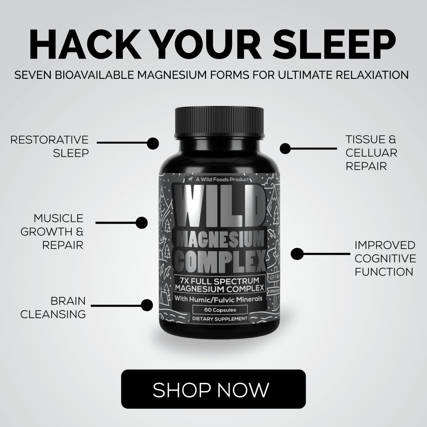 Wild Foods Magnesium Complex Supplement with 7X Forms, 90 Capsules | High Absorption, Full Spectrum, Easy Digestion | 500mg Glycinate, Bisglycinate, Malate, Orotate, Citrate, Taurate Nirvana Guru