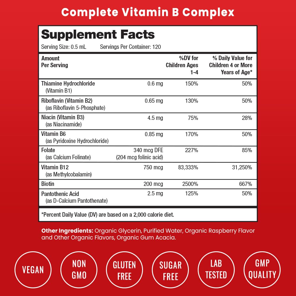 USDA Organic Vitamin B Complex Liquid Drops | B Vitamins Complex Supplement with B1, B2, B3, B6, B7, B9 & Methyl B12 Drops for Adults & Kids | Vegan Berry Flavor 2oz | 60 Servings / 2 Month Supply Nirvana Guru