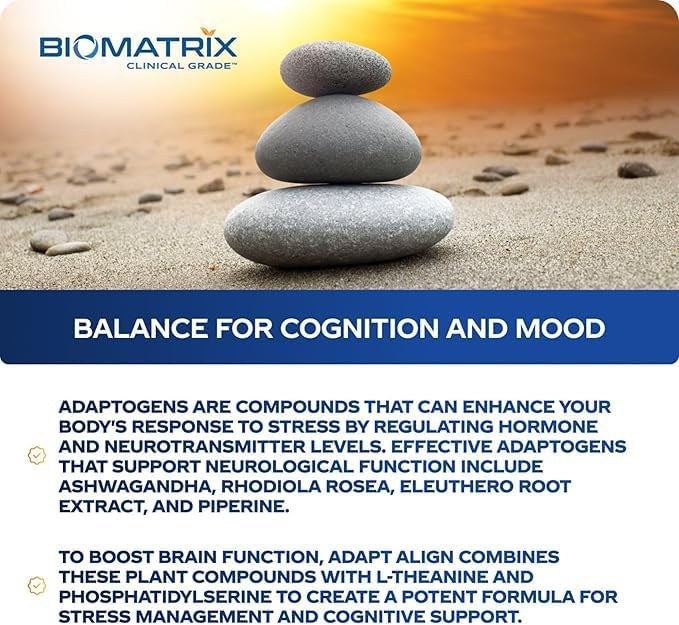 BioMatrix Adaptogen Supplement w/Ashwagandha, L-Theanine, Rhodiola, Ginseng | Cortisol Support, Stress Relief, Focus, Mood | 60 Capsules Nirvana Guru
