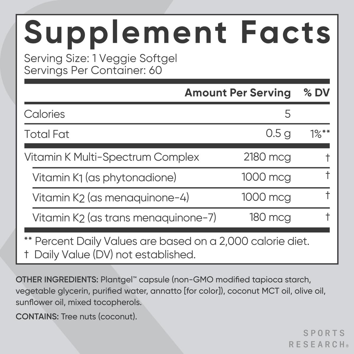 Sports Research Vitamin K2 as MK7 with Organic Coconut MCT Oil | Non-GMO Verified, Vegan Certified (60 Veggie-Softgels) - Nirvana Guru