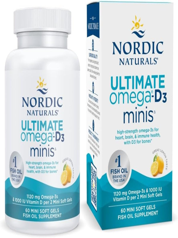 Nordic Naturals Ultimate Omega 2X Mini D3, Lemon Flavor - 60 Mini Soft Gels - 1120 mg Omega-3 + 1000 IU Vitamin D3 - EPA & DHA - Promotes Brain & Heart Health - 30 Servings - Nirvana Guru