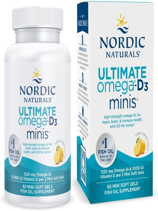 Nordic Naturals Ultimate Omega 2X Mini D3, Lemon Flavor - 60 Mini Soft Gels - 1120 mg Omega-3 + 1000 IU Vitamin D3 - EPA & DHA - Promotes Brain & Heart Health - 30 Servings - Nirvana Guru