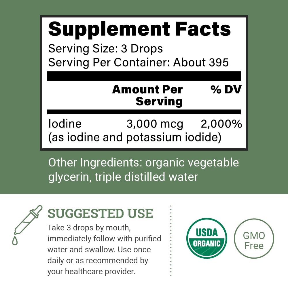 Organic Lugol's Iodine, Iodine and Potassium Iodide 2% Solution 3000 mcg - Liquid Supplement Drops for Thyroid Support for Women & Men, Metabolism Health, Detox Boost - Non-GMO, 395 Servings (2 Oz) Nirvana Guru