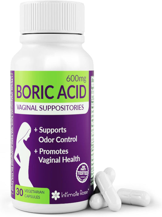 Intimate Rose 30ct Boric Acid Suppositories for Women - 600mg Vaginal pH Balance Pills for Odor Relief, BV Support - Made in USA