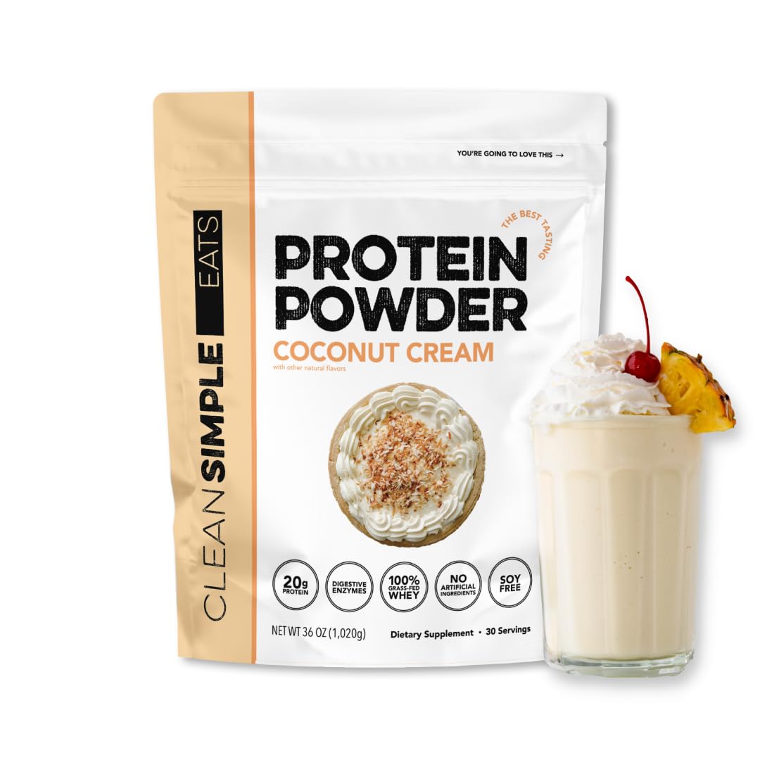 Clean Simple Eats Whey Protein Powder, Simply Vanilla Flavor Naturally Sweetened, 100% Grass Fed Protein Powder with Digestive Enzymes & No Artificial Ingredients, Gluten Free, 30 Servings