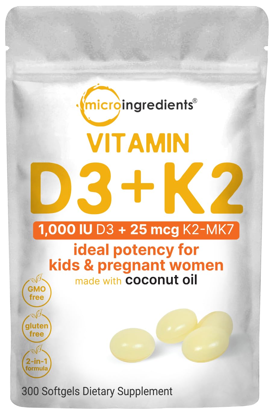 Micro Ingredients Vitamin D3 10,000 IU + K2 MK-7 200 mcg, 300 Softgels | Virgin Coconut Oil | 2-in-1 Bone, Immune & Heart Support | Easy to Swallow, Non-GMO