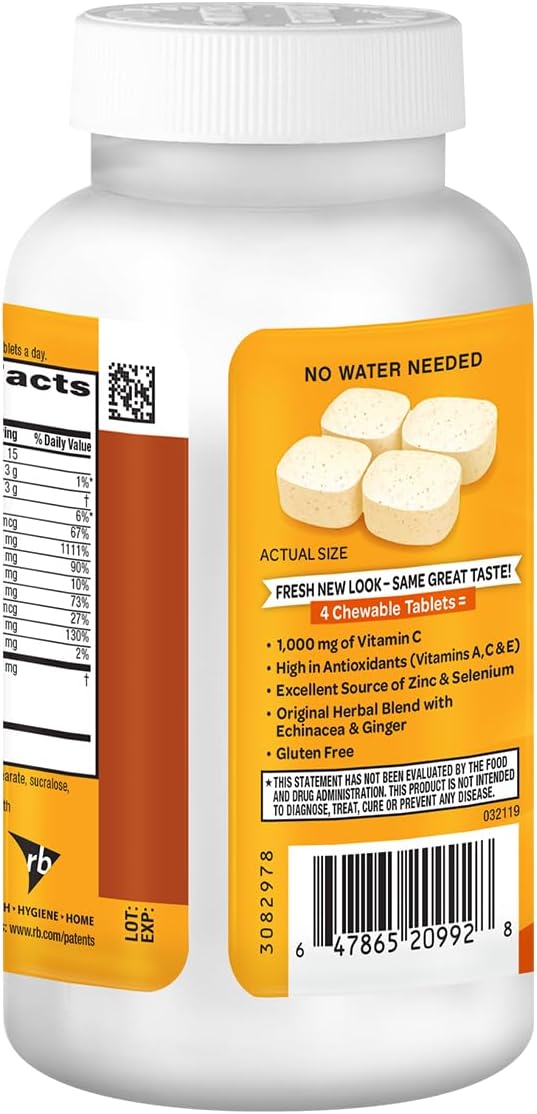 Airborne 1000mg Vitamin C + Zinc Immune Support Supplement Chewable Tablets, Citrus Flavor with Powerful Antioxidants Vitamins A C & E, 116 Chewable Tablets (2 Pack) Nirvana Guru