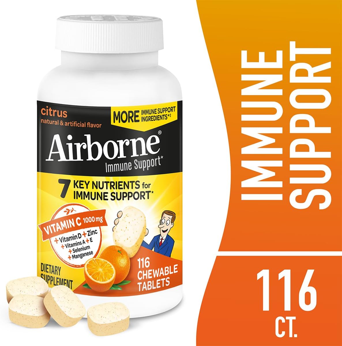 Airborne 1000mg Vitamin C + Zinc Immune Support Supplement Chewable Tablets, Citrus Flavor with Powerful Antioxidants Vitamins A C & E, 116 Chewable Tablets (2 Pack) Nirvana Guru