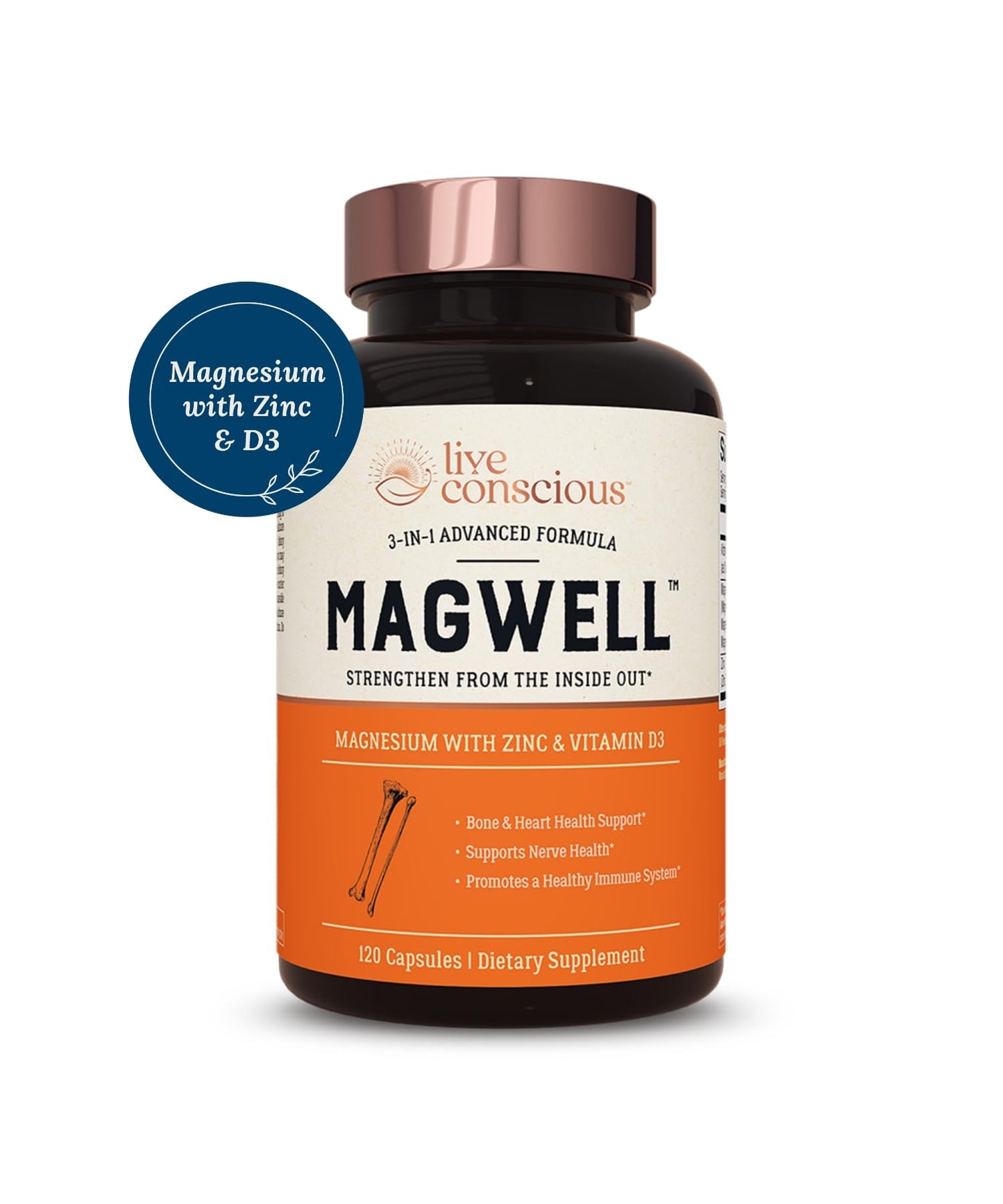 Live Conscious Magwell Magnesium Zinc & Vitamin D3 - Magnesium Glycinate, Malate, & Citrate - Triple Supplement for Women & Men - for Sleep, Bone, Heart, Immune Support - 120 Caps Nirvana Guru