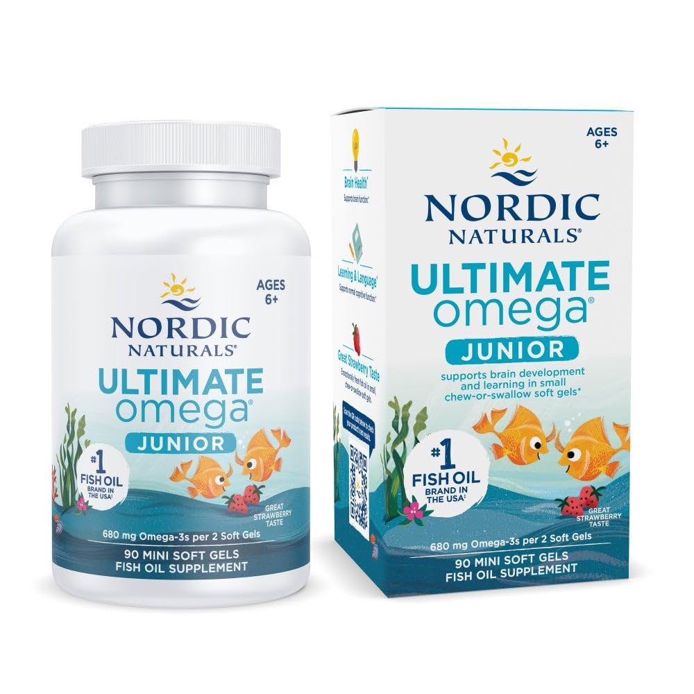Nordic Naturals Ultimate Omega Jr., Strawberry - 120 Mini Soft Gels - 680 Total Omega-3s with EPA & DHA - Brain Health, Mood, Learning - Non-GMO - 60 Servings - Nirvana Guru
