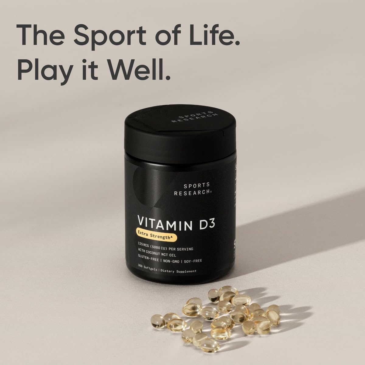 Sports Research Vitamin D3 5000iu (125mcg) with Coconut Oil ~ High Potency Vitamin D for Immune & Bone Support ~ Non-GMO Verified, Gluten & Soy Free (360 Mini-Liquid Softgels) - Nirvana Guru