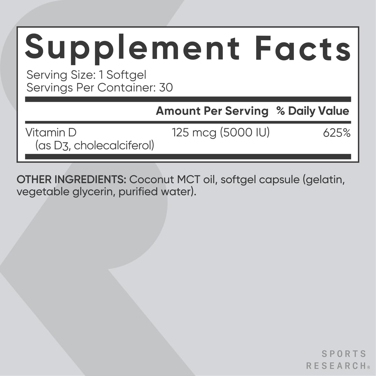 Sports Research Vitamin D3 5000iu (125mcg) with Coconut Oil ~ High Potency Vitamin D for Immune & Bone Support ~ Non-GMO Verified, Gluten & Soy Free (360 Mini-Liquid Softgels) - Nirvana Guru
