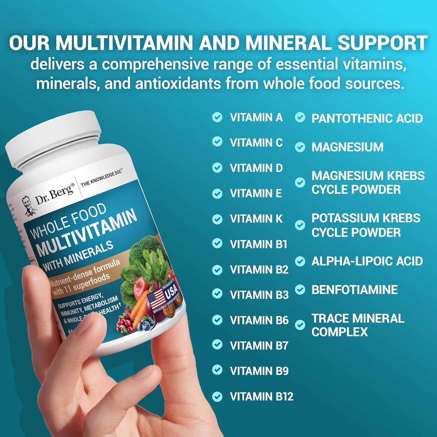 Dr. Berg Whole Food Multivitamin with Minerals - Daily Multivitamin for Men and Women - Includes Premium Whole Food Fruits and Vegetable Blend with Folate, Alpha-lipoic Acid and More - 60 Capsules - Nirvana Guru