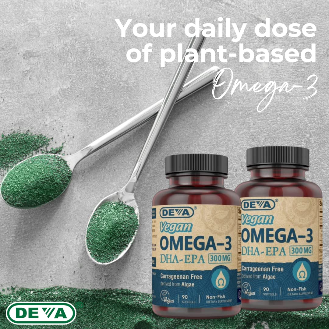 DEVA Vegan Omega-3 DHA Supplement, Once-Per-Day Softgel 200 MG, Carrageenan Free, Gelatin Free, Non-Fish, Algae Oil, Omega-3 Fatty Acids - 90 Softgels - Nirvana Guru