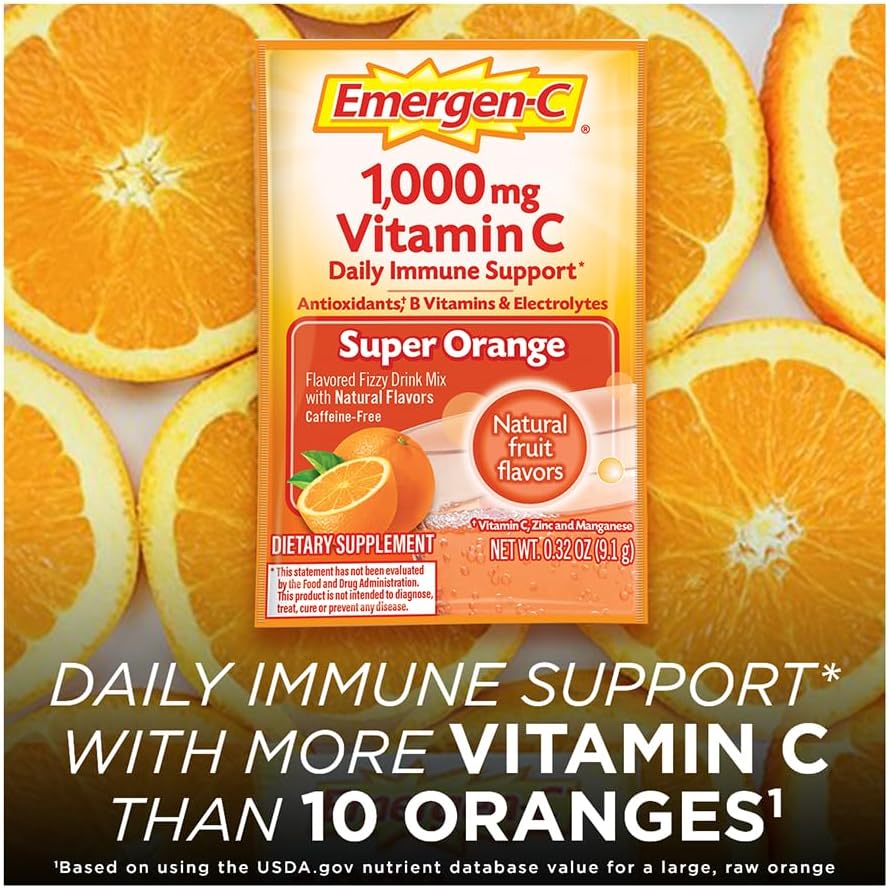 Emergen-C 1000mg Vitamin C Powder for Daily Immune Support Caffeine Free Vitamin C Supplements with Zinc and Manganese, B Vitamins and Electrolytes, Super Orange Flavor - 30 Count Nirvana Guru