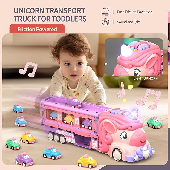 Car Toys for 3 4 5 6 7 Year Old Toddler Girl, Unicorn Toys Truck & Foldable Race Track W/Light & Sound, Friction Power Toy Cars W/ 9 Princess Cars, Birthday Gift for Kids Girls Age 4-6 nirvanaguru