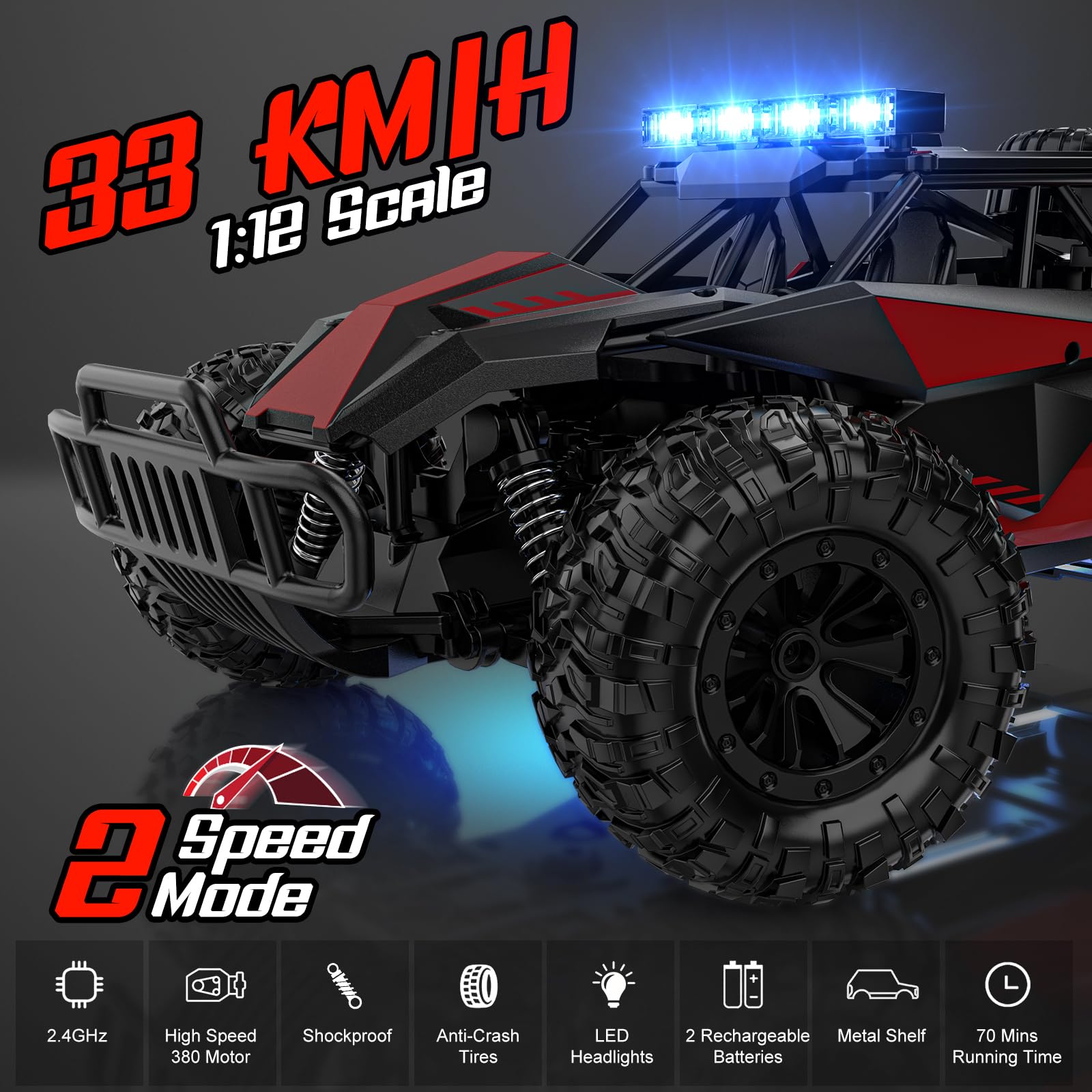 BLUEJAY Remote Control Car, 2.4GHz High Speed 33KM/H RC Cars Toys, 1:12 Monster RC Truck Off Road with LED Headlight and Rechargeable Battery Gifts for Adults Boys 8-12 Nirvana Guru