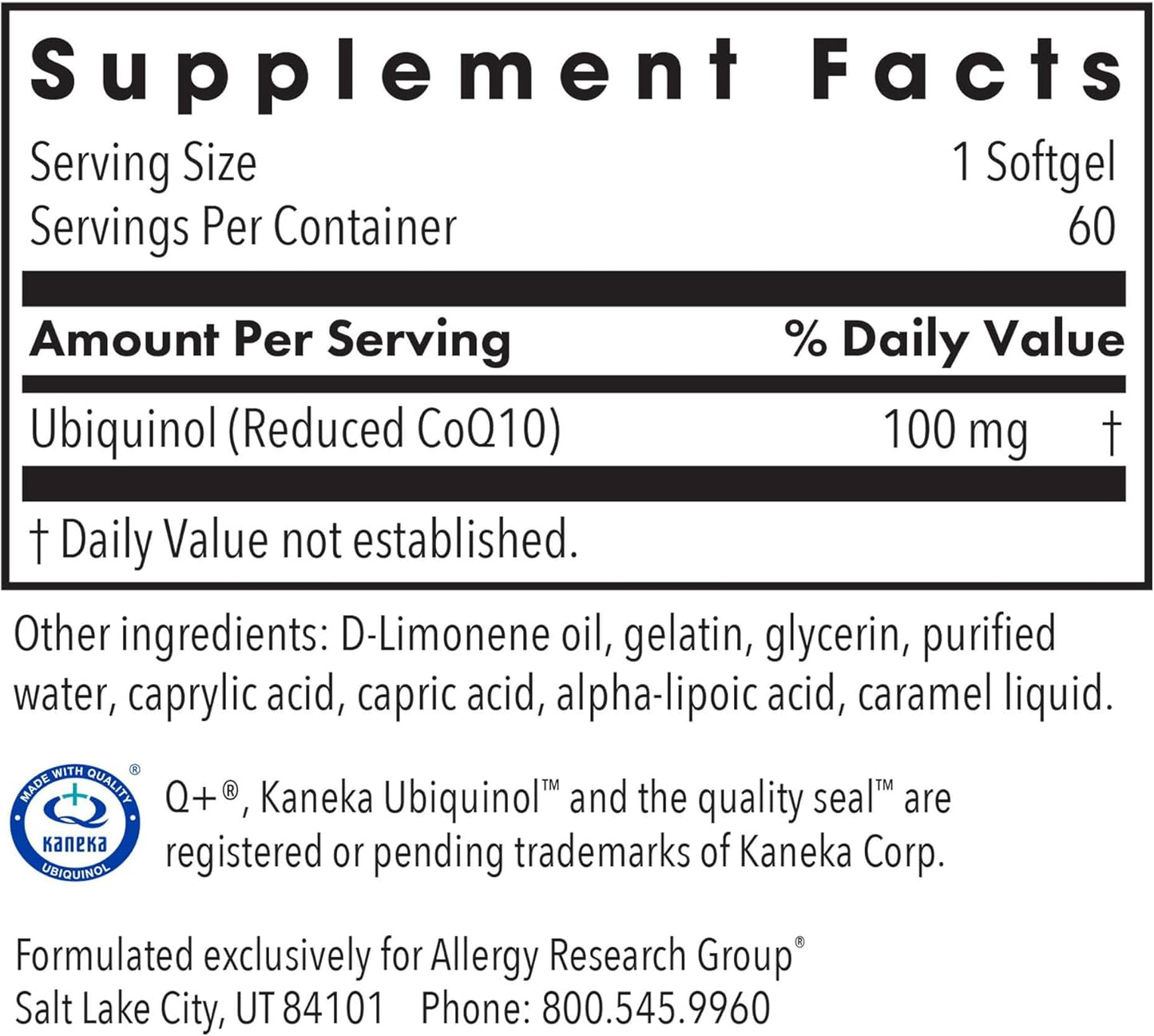Allergy Research Group CoQH-CF Ubiquinol 100mg Supplement - Un-Oxidized CoQ10, Supports Cardiovascular Health, Immune System Support, Stable, Bioavailable, Softgels - 60 Count Nirvana Guru