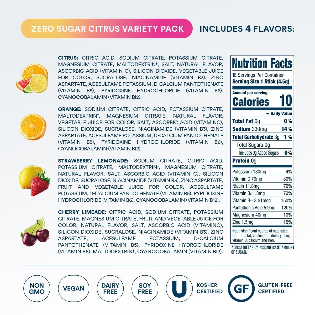 DripDrop Sugar Free Hydration Packets - Zero Classic Variety Pack - Single Serve Electrolytes Powder Drink Mix - Lemon Lime, Watermelon, Peach, Passion Fruit - Non-GMO, Gluten Free, Vegan - 32 Sticks