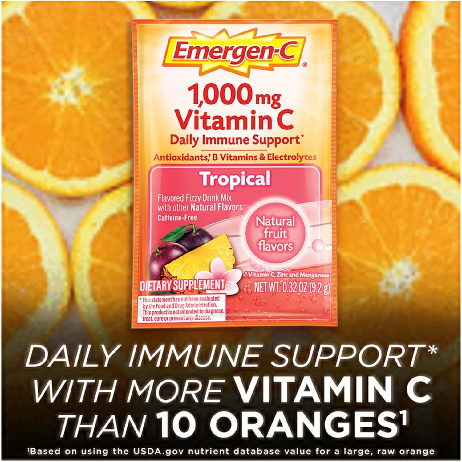 Emergen-C 1000mg Vitamin C Powder for Daily Immune Support Caffeine Free Vitamin C Supplements with Zinc and Manganese, B Vitamins and Electrolytes, Super Orange Flavor - 30 Count Nirvana Guru