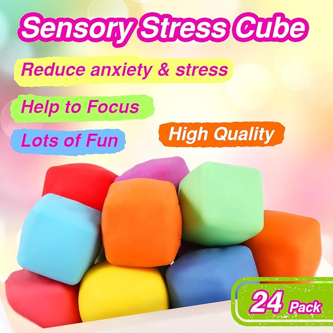 24 Pack Slow Rising Stress Cube , Dough Stress Balls Soft Fidget Squishy Toys for Anxiety Relief, Pull Stretch Classroom Prize Party Favors Toys for Kids nirvanaguru
