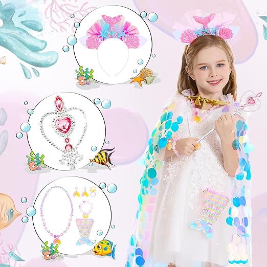Princess Dress Up Toys Princess Dress Up Clothes Rainbow Mermaid Cape Kit 9 Pcs Gift Set for Little Girls 3-8 Years nirvanaguru
