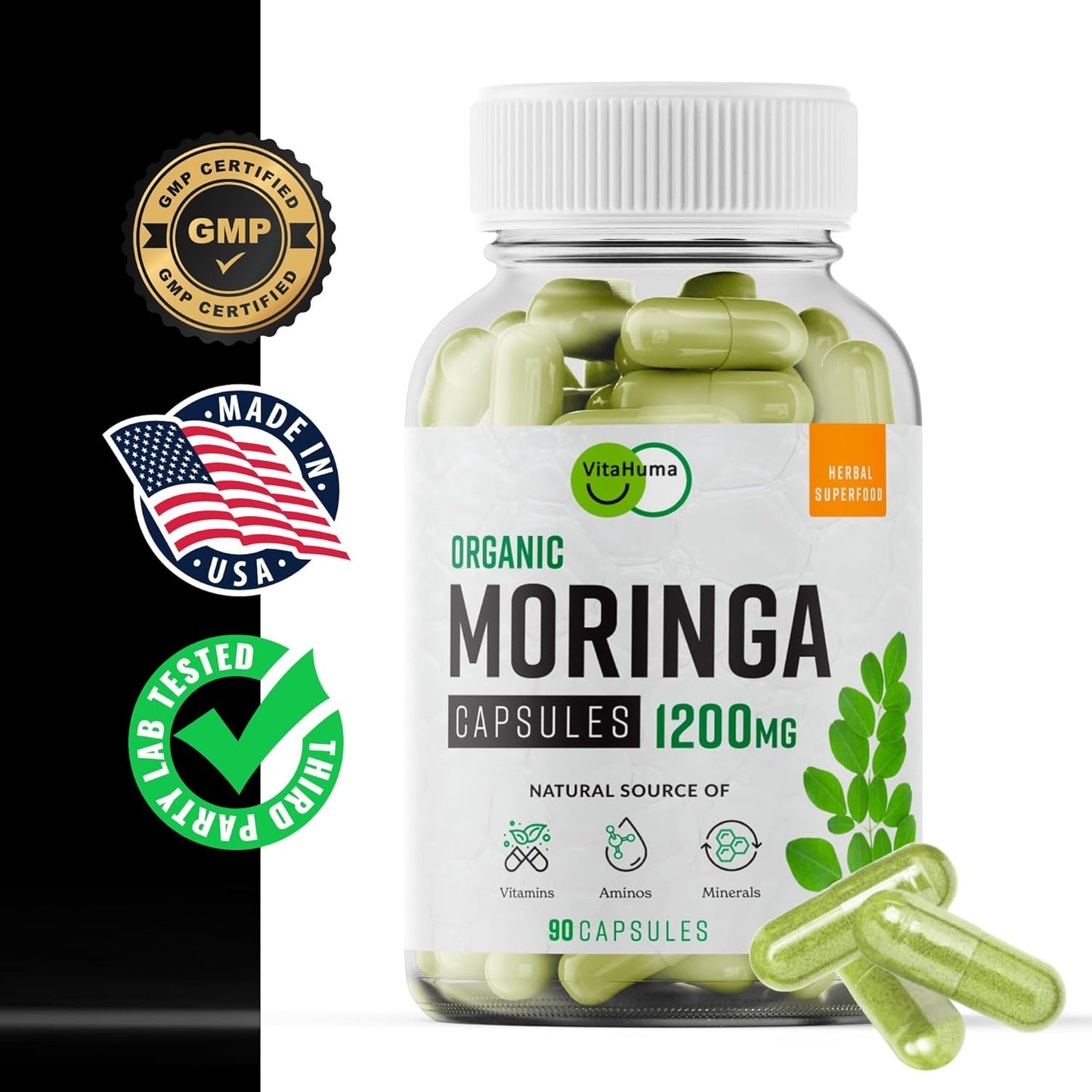 Organic Moringa, Nutrient-Dense Antioxidant Support with Vitamin C, A, E, Calcium, Potassium, Iron, Magnesium, Protein & Amino Acids for Hydration & Energy, Vegan, 1200 MG Per Serving, 90 CT