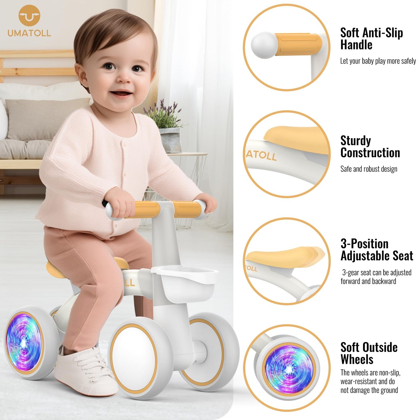 Umatoll Colorful Lighting Baby Balance Bike Toys for 1 Year Old Girls Gifts, Adjustable Seat, 1st Birthday Gifts, 12-24 Months Toddler Bike, Pink Nirvana Guru