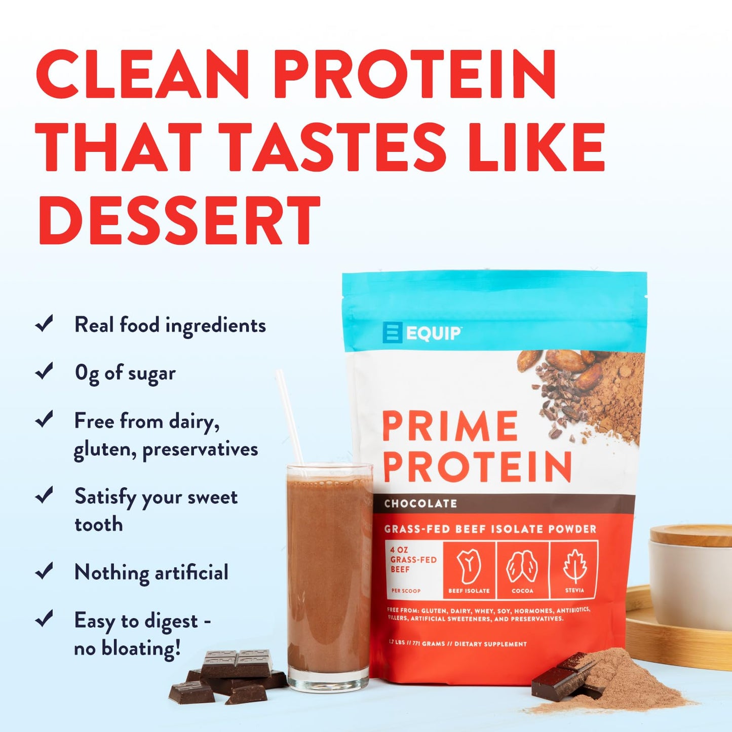Equip Foods Prime Protein Powder | Clean, Grass Fed Beef Protein Isolate | Carnivore Protein Powder | Paleo, Keto Friendly | Gluten, Dairy Free | Helps Build & Repair Tissue | 30 Servings, Chocolate