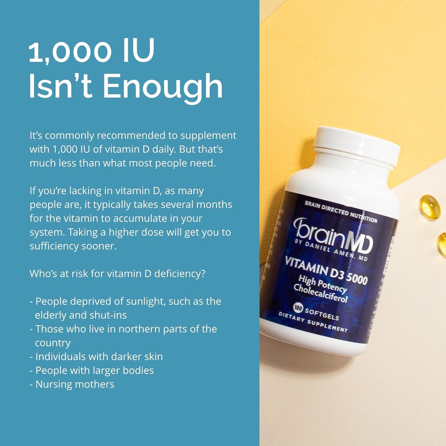BrainMD by Dr Amen Vitamin D3 5000 - 100 Softgels - High Potency Cholecalciferol - Gluten Free - 100 Servings Nirvana Guru