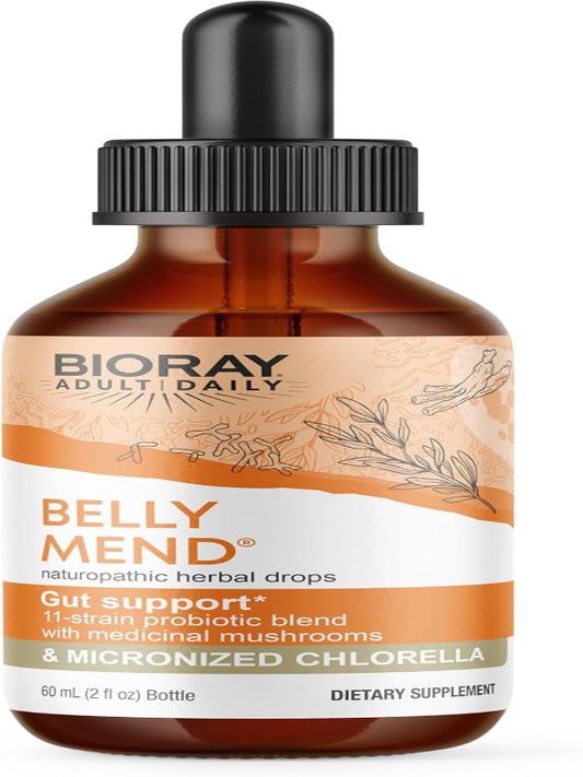 BIORAY Daily Belly Mend - 2 fl oz - 11-Strain Probiotic Blend with Medicinal Mushrooms - Supports Healthy Gut & Bowel Functions - Non-GMO, Vegetarian, Gluten Free Nirvana Guru