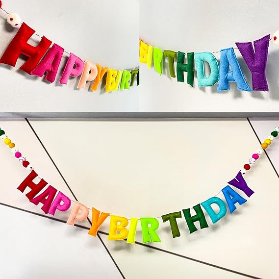 Pre-Strung Happy Birthday Banner - Felt Ball Garland - Reusable Happy Birthday Garland, Rainbow Party Decorations, Personalized Holiday Sign for Party Decor, Kids Room Decor, Photo Prop (Rainbow) nirvanaguru