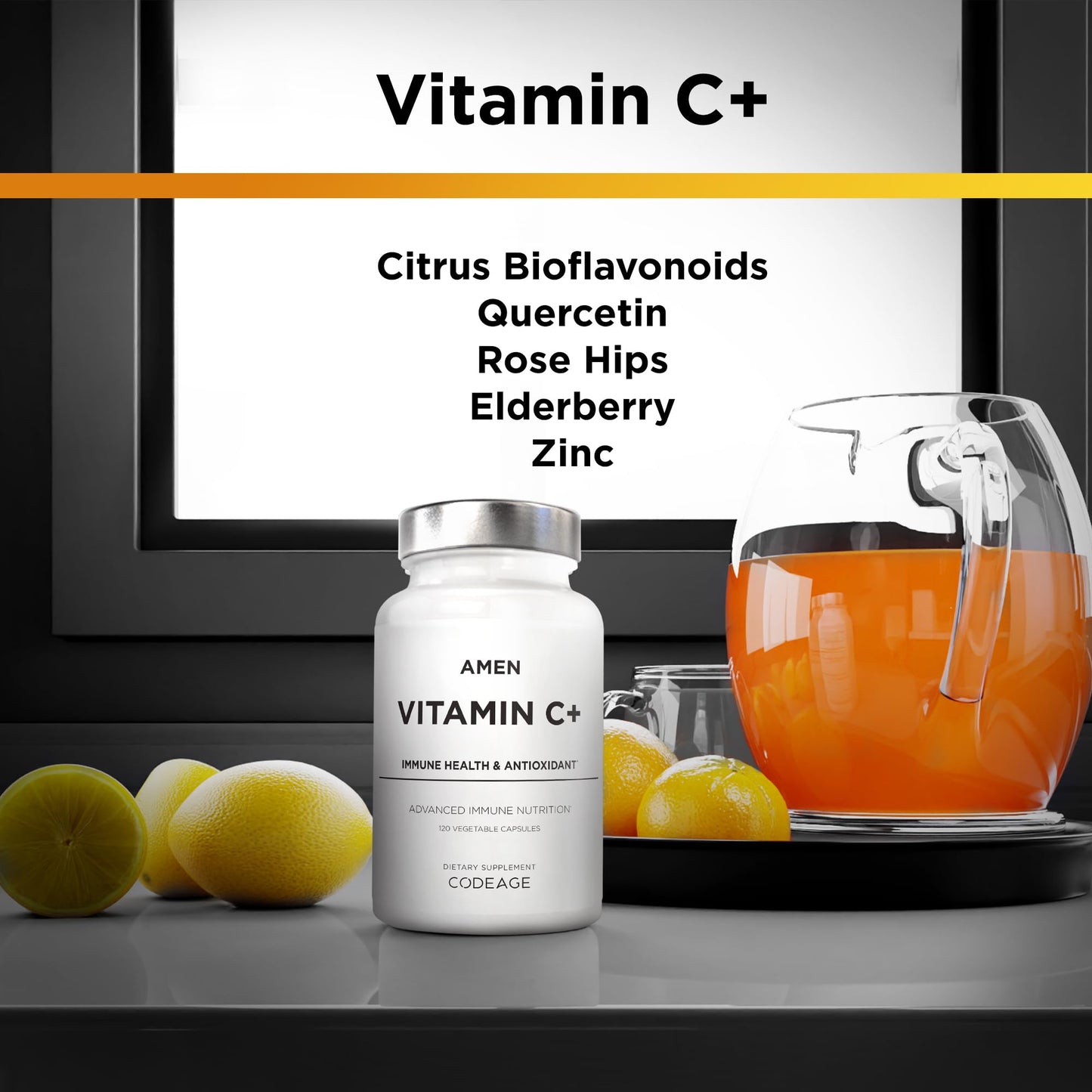 Amen Vitamin C+ Supplement with Zinc, Bioflavonoids, Quercetin, Rose HIPS, Elderberry – Vegan, Non-GMO – 2 Months Supply - 120 Capsules Nirvana Guru