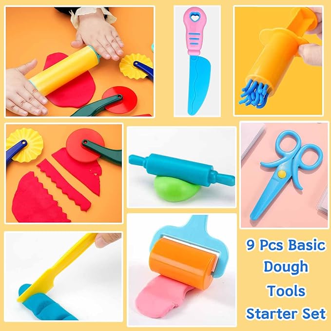 Dough Tool Kit,9 Pcs Basic Clay and Dough Tools Starter Set for Kids Includes Cutters Roller, Rolling Pins, Safety Scissors,Dough Extruder,Plastic Knife nirvanaguru