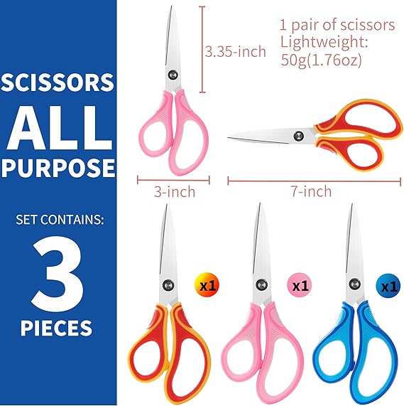 7" Student Scissors Set of 3-pack,Pointed Tip Blades,Kids Scissors Ages 8-10 8-12 8-16 for School Crafting Project,Great for DIY, Arts, Home, Red/Pink/Blue nirvanaguru