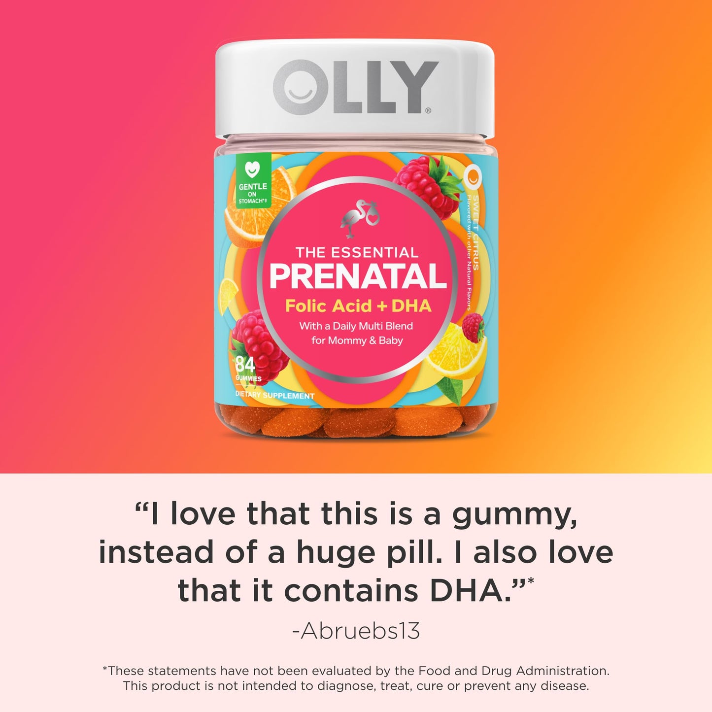 OLLY Prenatal Multivitamin Gummy, Supports Healthy Growth and Brain Development, Folic Acid, Vitamin D, Omega 3 DHA, Chewable Supplement, Citrus Berry Flavor, 30 Day Supply - 60 Count