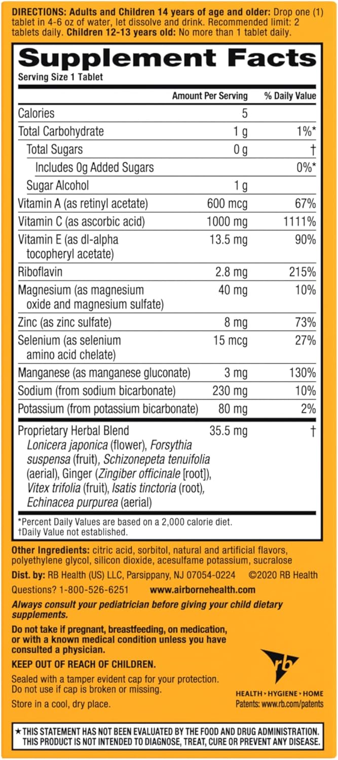 Airborne 1000mg Vitamin C + Zinc Sugar Free Multivitamin Immune Support Effervescent Fizzy Drink Tablets, Zesty Orange Flavor with Powerful Antioxidants Vitamins A C & E, 30 Tablets (3 Pack) Nirvana Guru