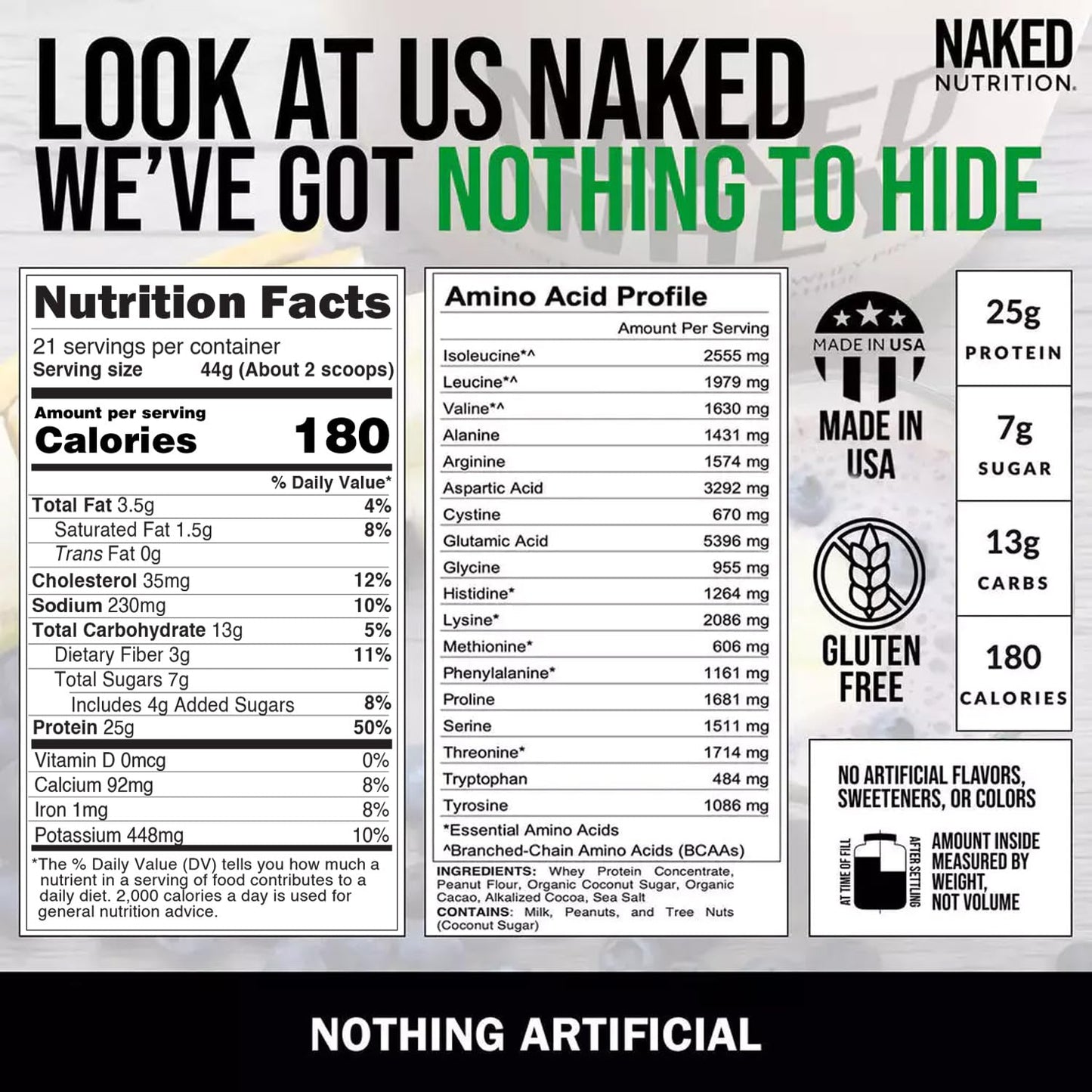 NAKED Whey Vanilla Protein Powder - Only 3 Ingredients - Grass Fed Whey Protein Powder, Vanilla Flavor, and Organic Coconut Sugar, No GMO, No Soy, and Gluten Free - 24 Servings