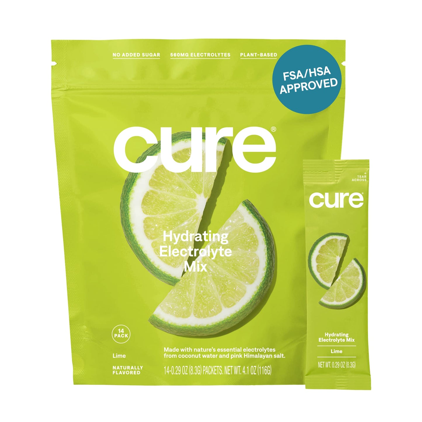 Cure Hydration | Plant-Based Electrolyte Drink Mix | No Added Sugar | FSA & HSA | Dehydration Relief Powder Made with Coconut Water | Non-GMO | Vegan | Pouch of 14 Packets - Berry Pomegranate