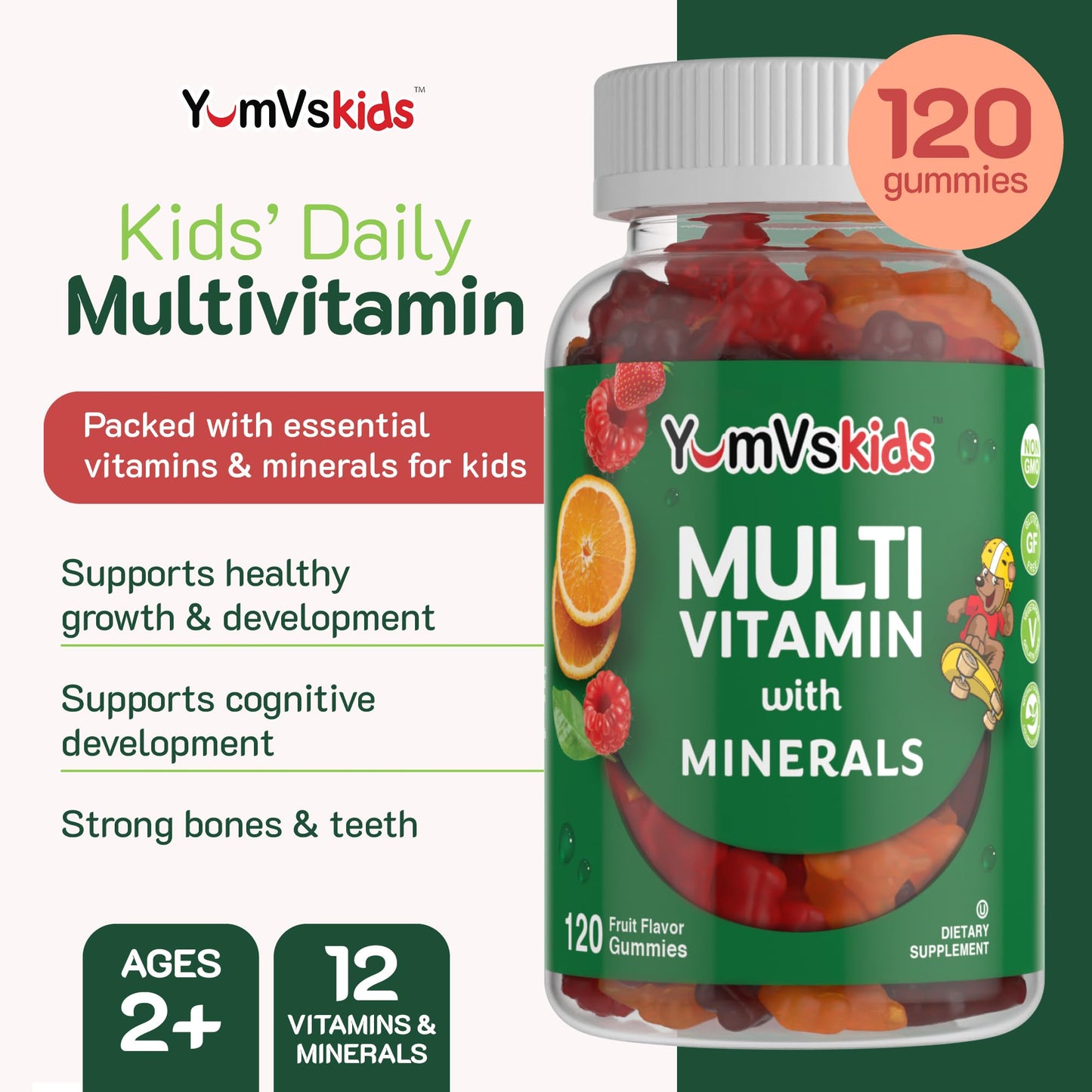 YumVs Kids Multivitamin Gummies - Fruit Flavored Chewable Children's Multivitamin - Kids Vitamins Multivitamin Gummy with 12 Minerals & Vitamins A C D3 E B6 B12 - Kosher Halal Gluten Free (60 Count) - Nirvana Guru
