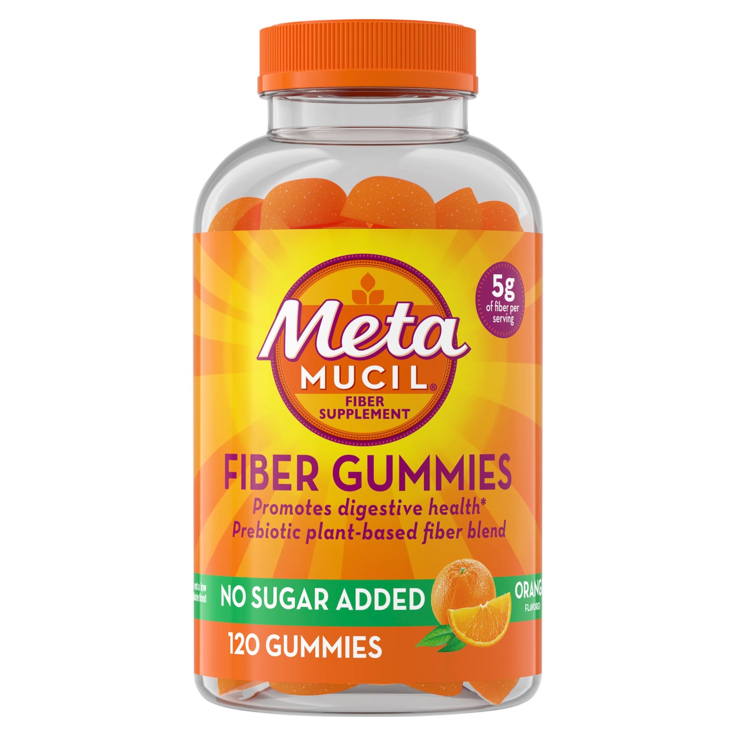 Metamucil Fiber Gummies for Adults, No Sugar Added Orange Flavor, 5g Prebiotic Plant Based Fiber Supplement Blend, 120 Count