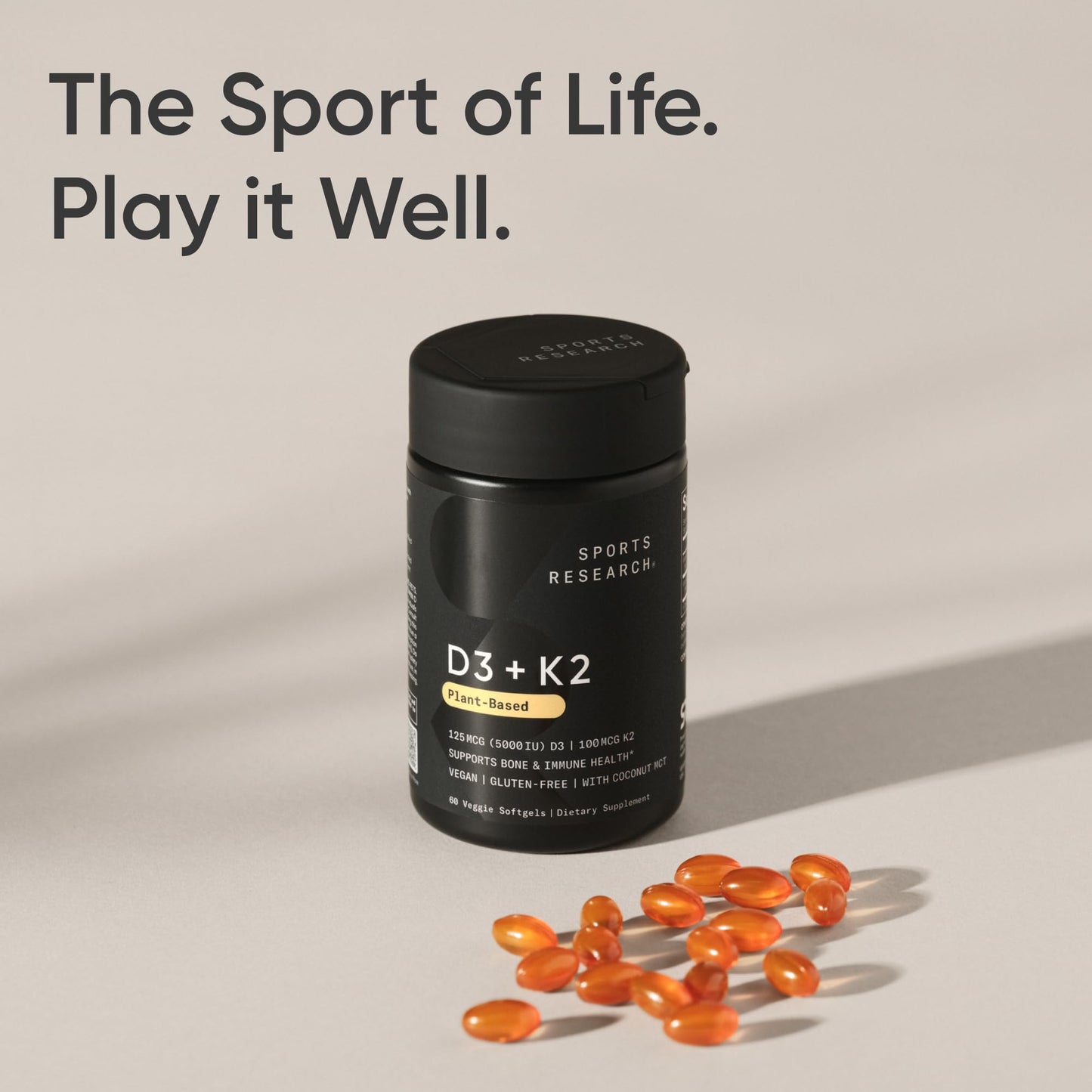 Sports Research® Vitamin D3 + K2 with Coconut MCT Oil | Vegan D3 2500iu (62.5mcg) & Plant Based Vitamin K2 100mcg | Vegan Certified, Soy & Gluten Free - 60 Softgels - Nirvana Guru