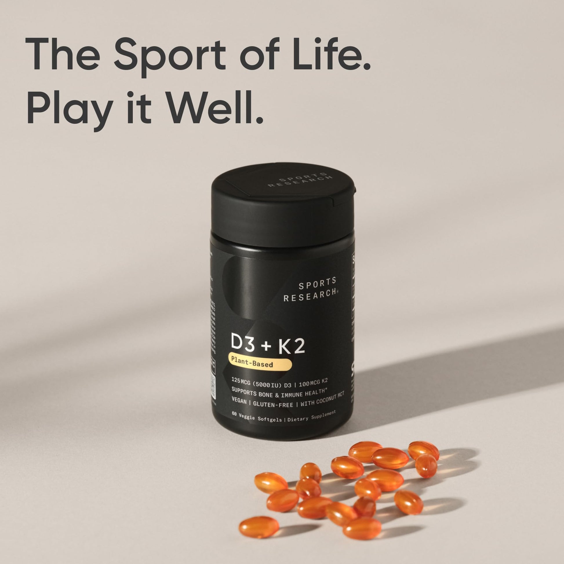 Sports Research® Vitamin D3 + K2 with Coconut MCT Oil | Vegan D3 2500iu (62.5mcg) & Plant Based Vitamin K2 100mcg | Vegan Certified, Soy & Gluten Free - 60 Softgels - Nirvana Guru