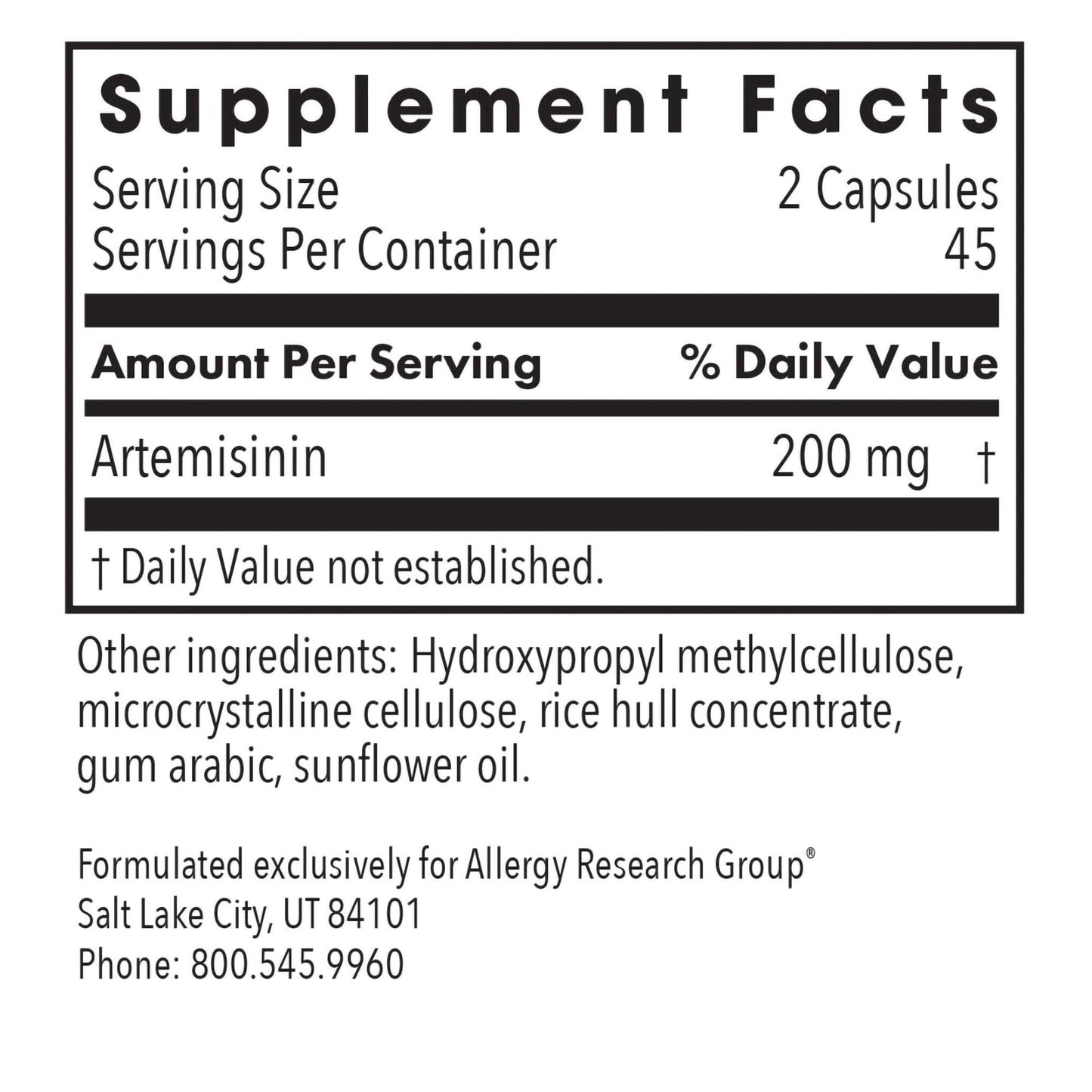 Allergy Research Group Artemisinin Supplement - Pure Sweet Wormwood Extract Artemisinin Capsules for Adults, Natural Immune Support with 200 mg, Digestive Health Support - 90 Vegetarian Capsules Nirvana Guru