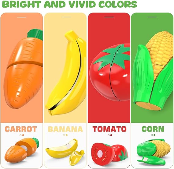 Cutting Play Food Toys For Kids, Pretend Play Kitchen Accessories, Fake Fruits/Vegetables Set With Shopping Storage Basket, Plastic Board And Knife, Birthday Gifts/Educational Toy For Toddler Children nirvanaguru