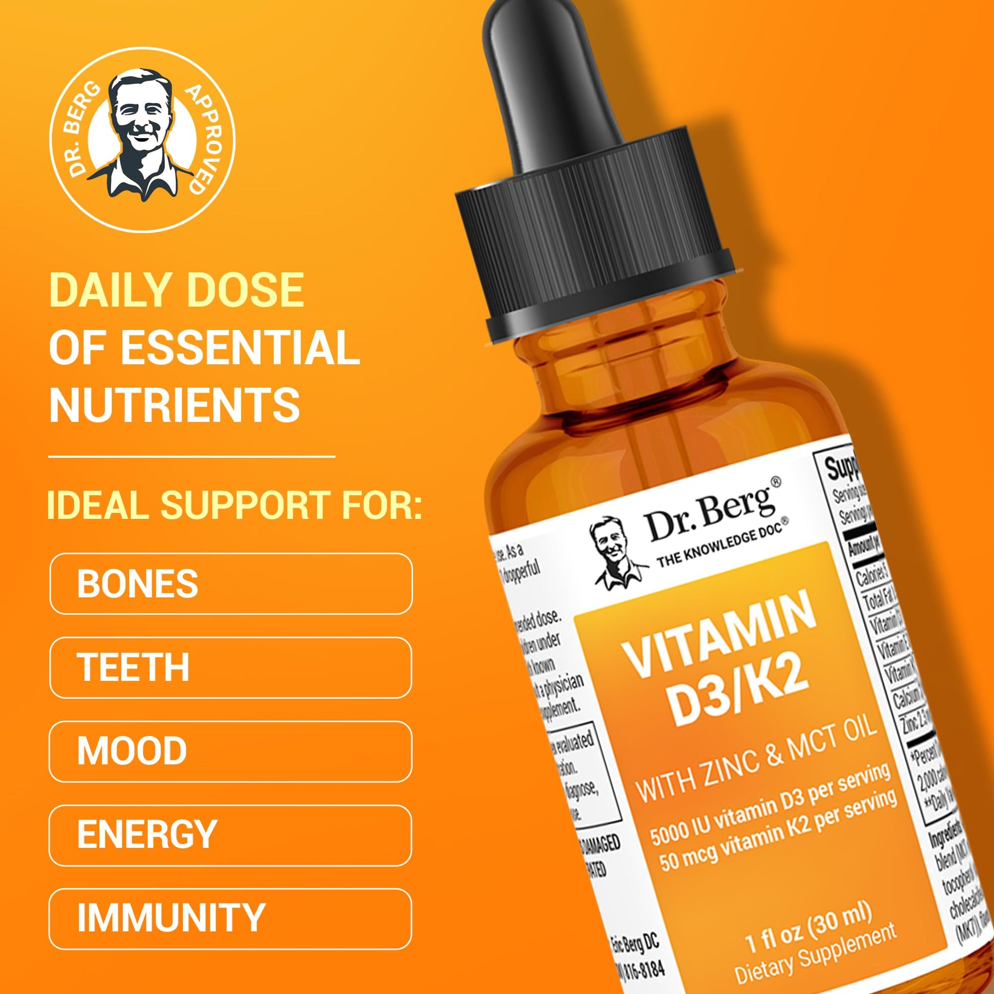 Dr. Berg Liquid Vitamin D3 & K2 Supplement with Zinc - for Bone, Teeth, Mood & Immune Health* - Vitamin D3 & K2 Drops for Adults - 1 fl oz - Nirvana Guru
