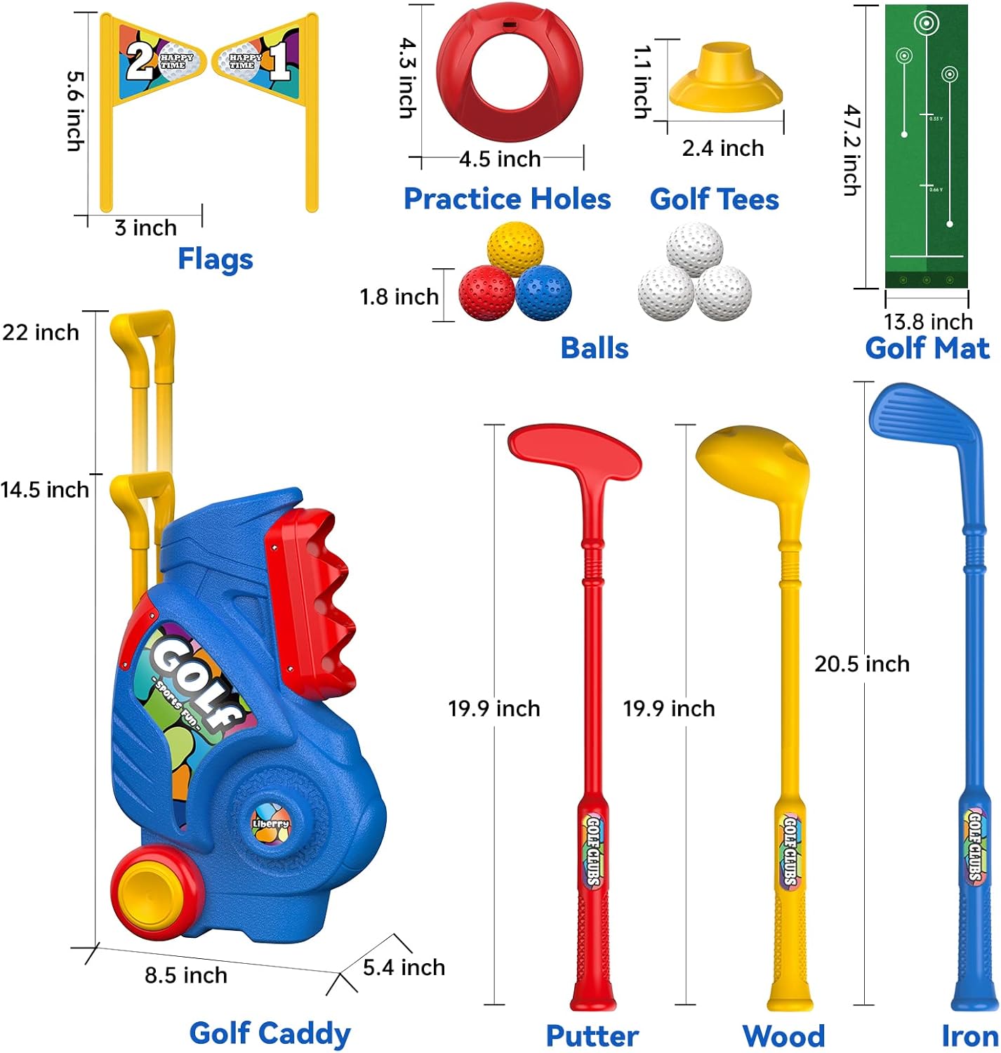 Liberry Toddler Golf Set with Putting Mat for 2 3 4 5 Years Old Boys Girls, Upgraded Kids Golf Cart with Unique Shoulder Strap Design, Indoor and Outdoor Golf Toys Nirvana Guru