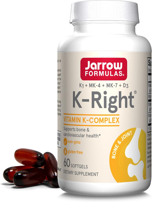 Jarrow Formulas K-Right - Vitamin K-Complex (K1, MK-4, MK-7, D3) - 60 Servings (Softgels) - Dietary Supplement for Bone & Cardiovascular Health Support - Vitamin K2 MK-7 - Gluten Free Nirvana Guru