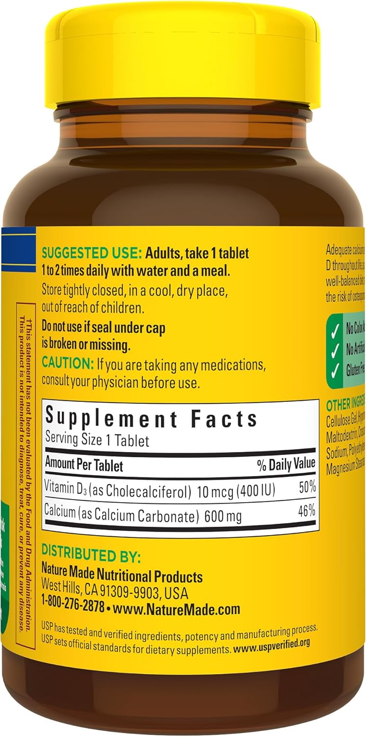 Nature Made Calcium 600 mg with Vitamin D3, Dietary Supplement for Bone Support, 220 Tablets (pack of 1) - Nirvana Guru