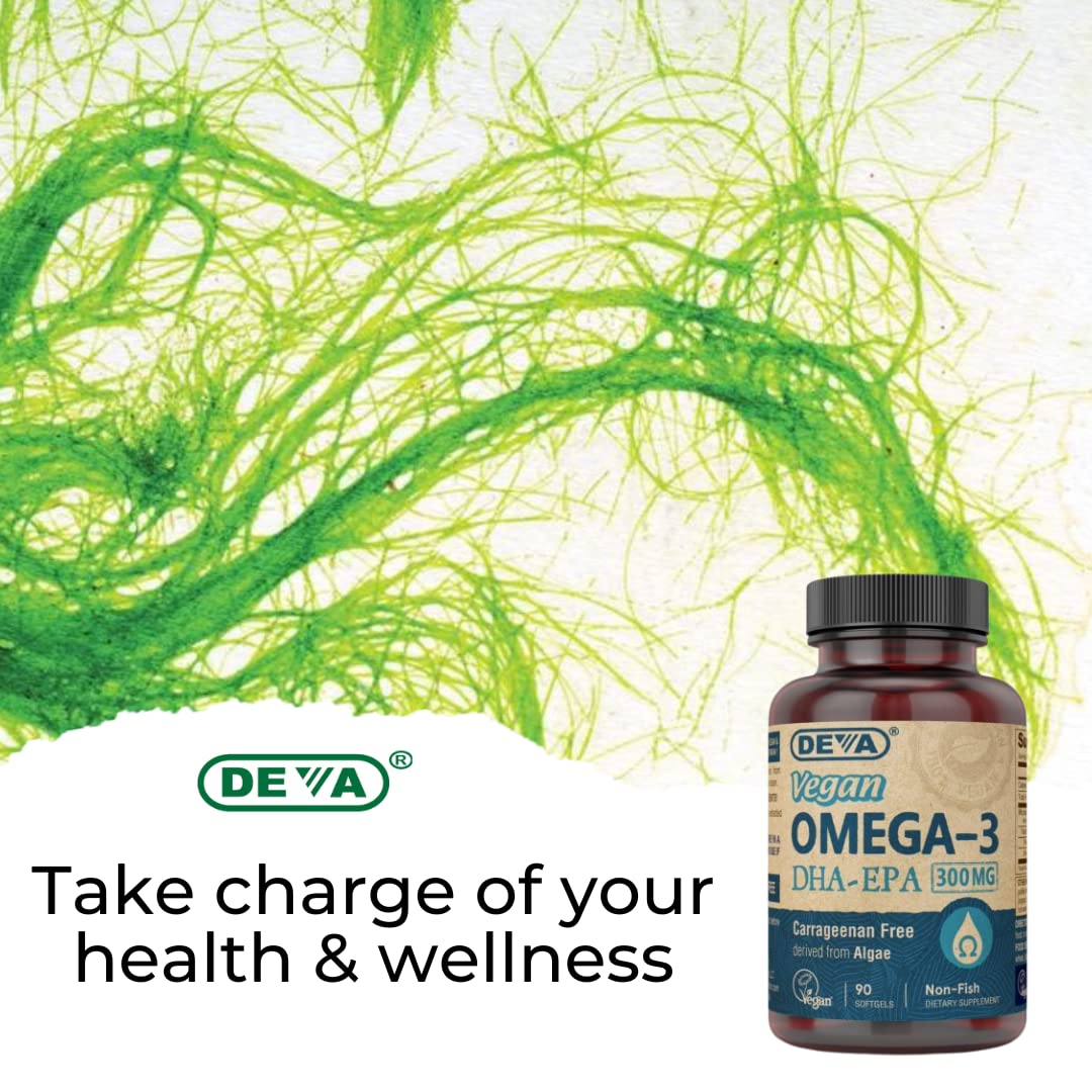 DEVA Vegan Omega-3 DHA Supplement, Once-Per-Day Softgel 200 MG, Carrageenan Free, Gelatin Free, Non-Fish, Algae Oil, Omega-3 Fatty Acids - 90 Softgels - Nirvana Guru